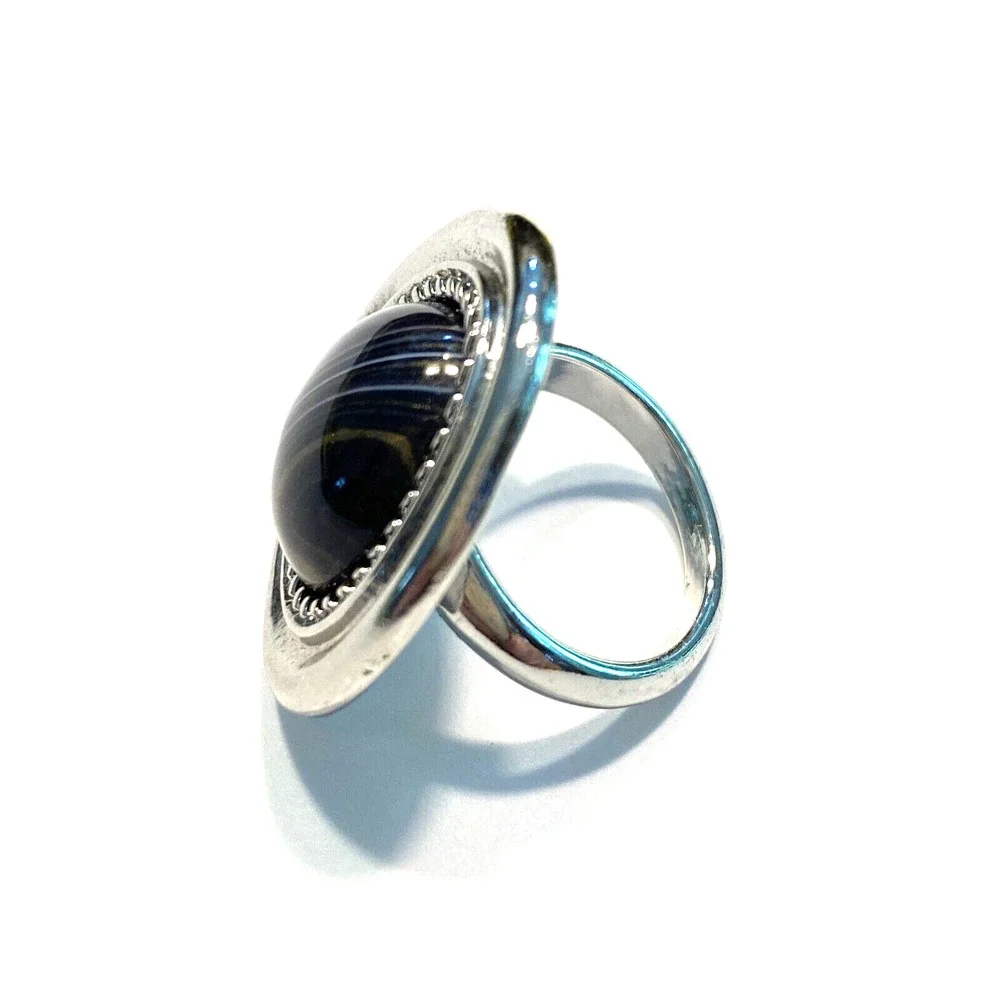 Cocktail Ring Silvertone Black Brown Stone Mod Abstract Fashion Jewelry Sz 5.75